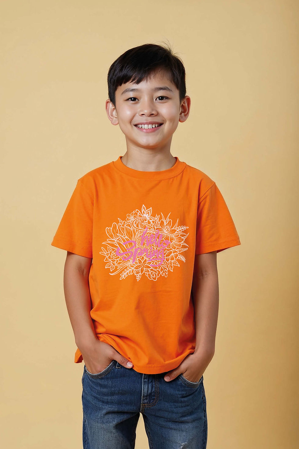 Thumbnail: "Hello Spring" Pink Floral Lettering T-Shirt Soft Unisex Kids Graphic Tee