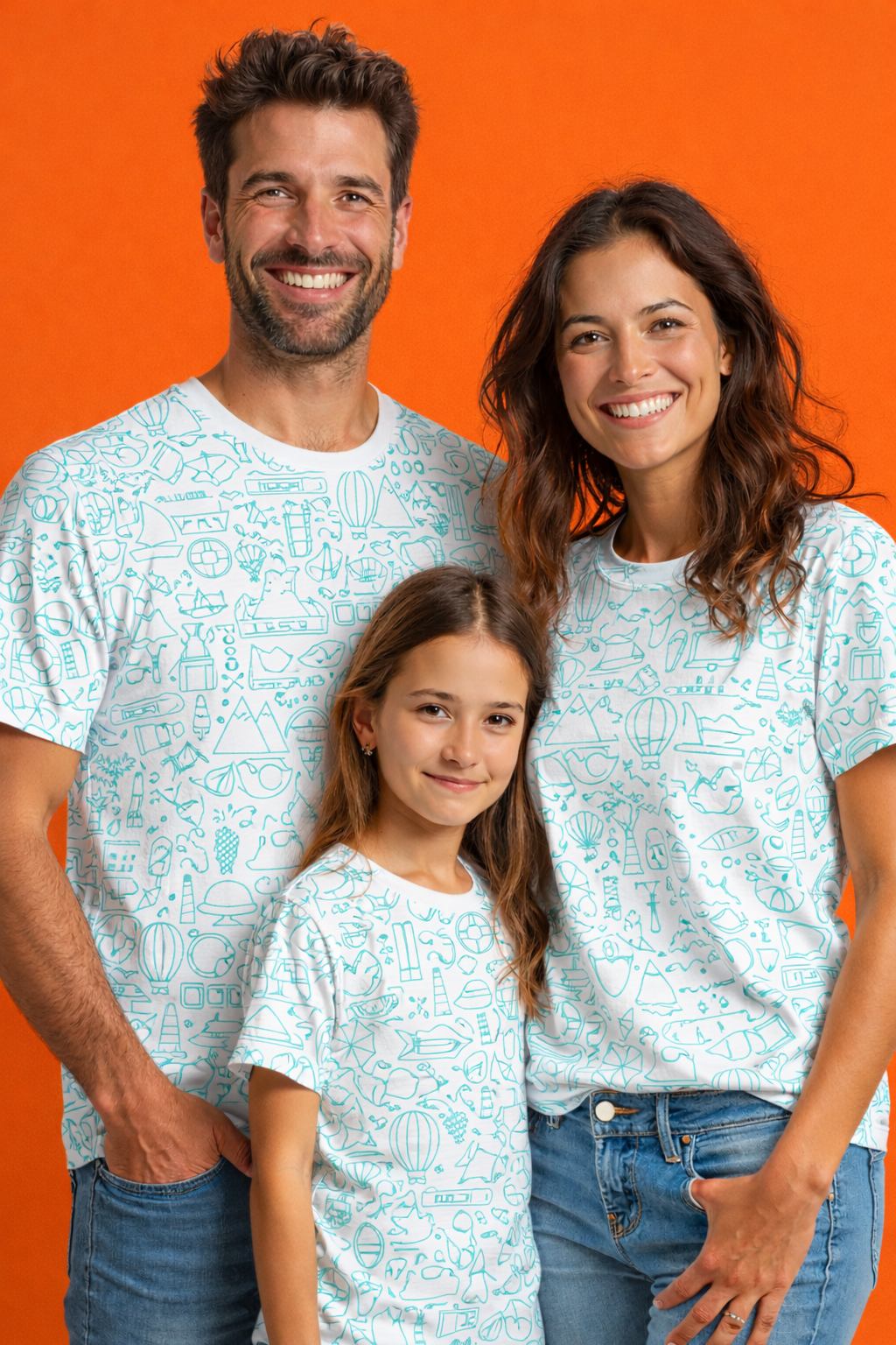 Family with travel-themed matching printed tshirt pack of 3