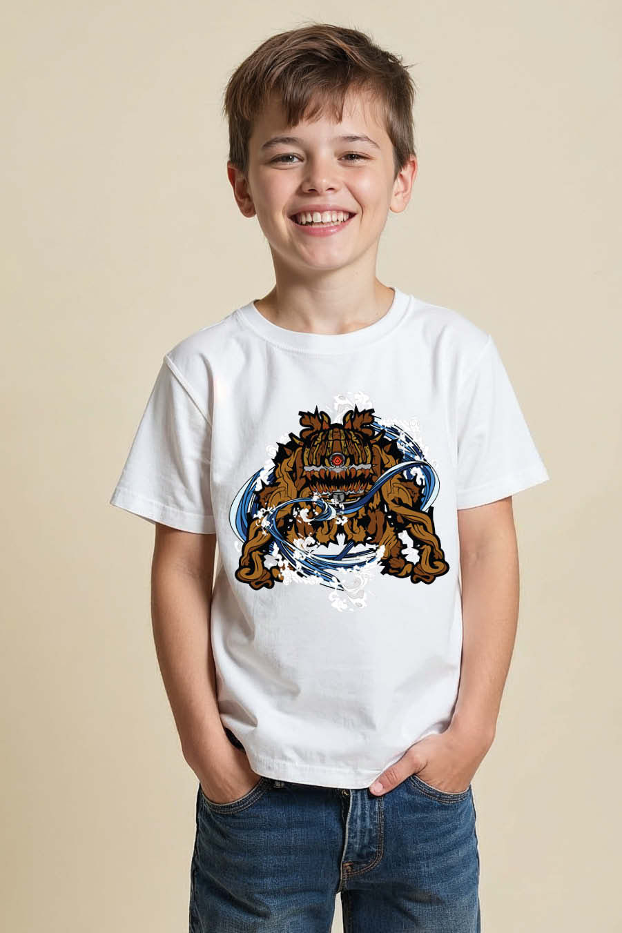 Thumbnail: Stone Fu Dog Fortress Cool Kids Printed T-Shirt – Cartoon Print Design