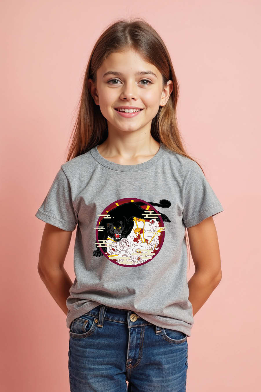 Thumbnail: Roaring Black Panther and White Dragon Graphic Modern Casual Kids Printed