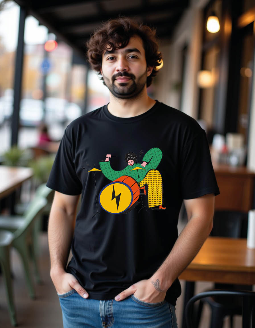 Thumbnail: drummer funny cartoon with character playing drums mensprintedgraphic t shirt