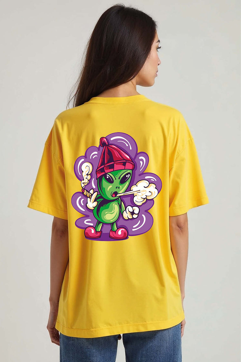 Chill Alien Stoner Cartoon Trendy Unisex Drop Shoulder Oversized T-Shirt