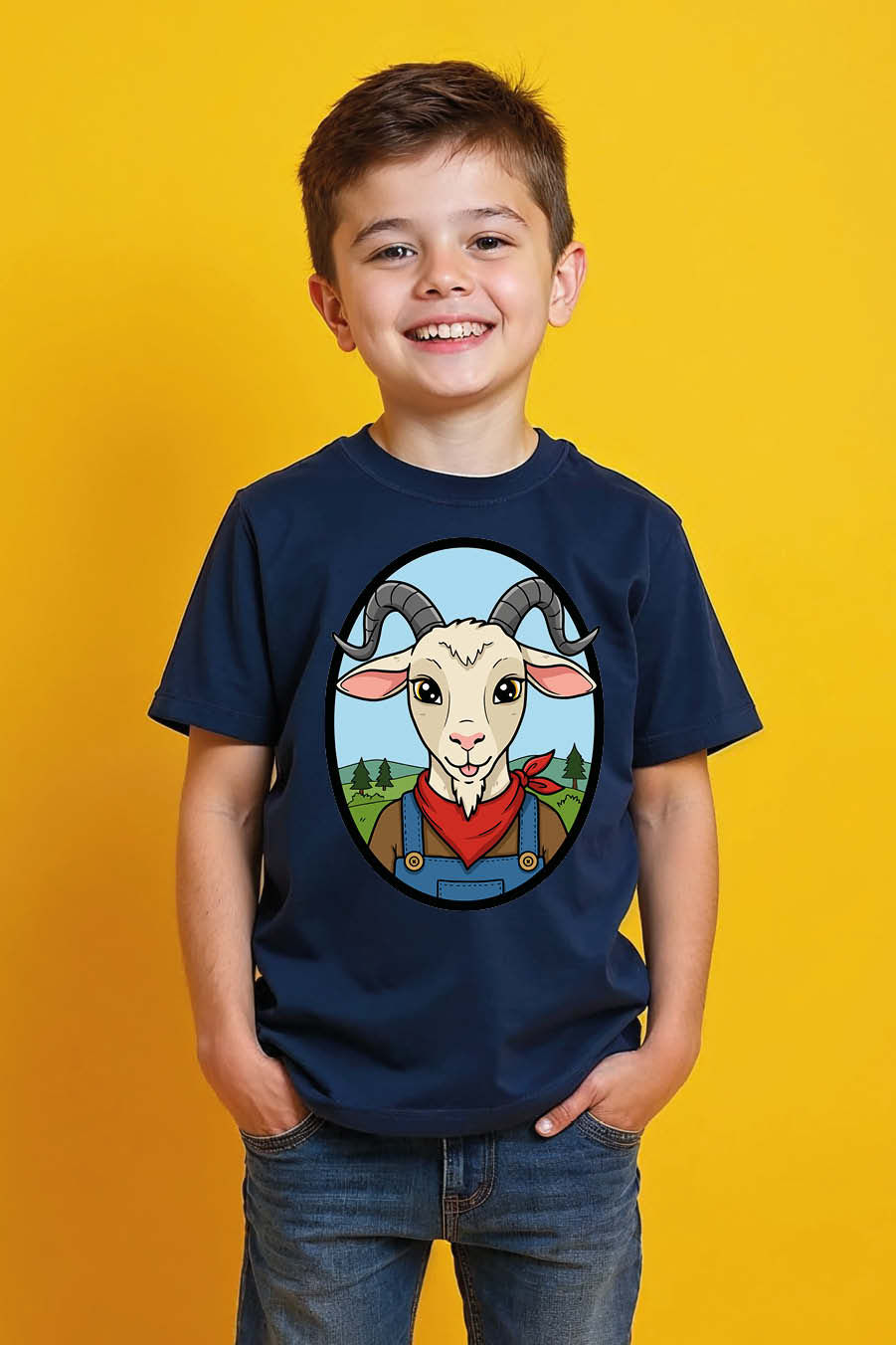 Thumbnail: Cartoon Farmer Goat Modern Kids Printed T-Shirt – Motivational Print Design