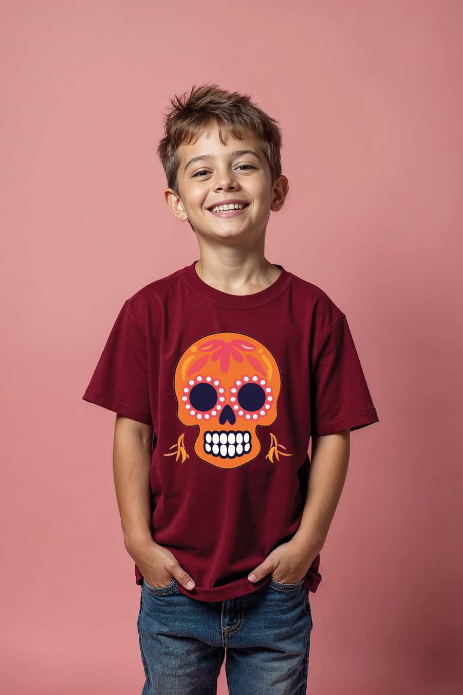 Thumbnail: Kid's Blue Orange Sugar Skull T-Shirt Playful Trendy Printed Tee for Kids