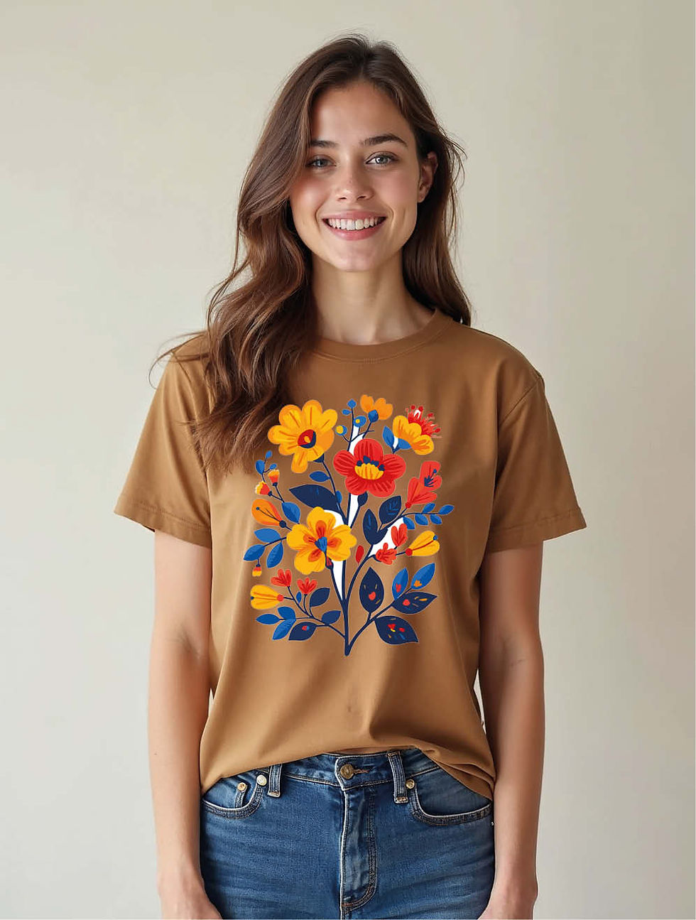 Thumbnail: Vibrant Folk Floral Arrangement Tee Stylish Women’s Printed Graphic Streetwear