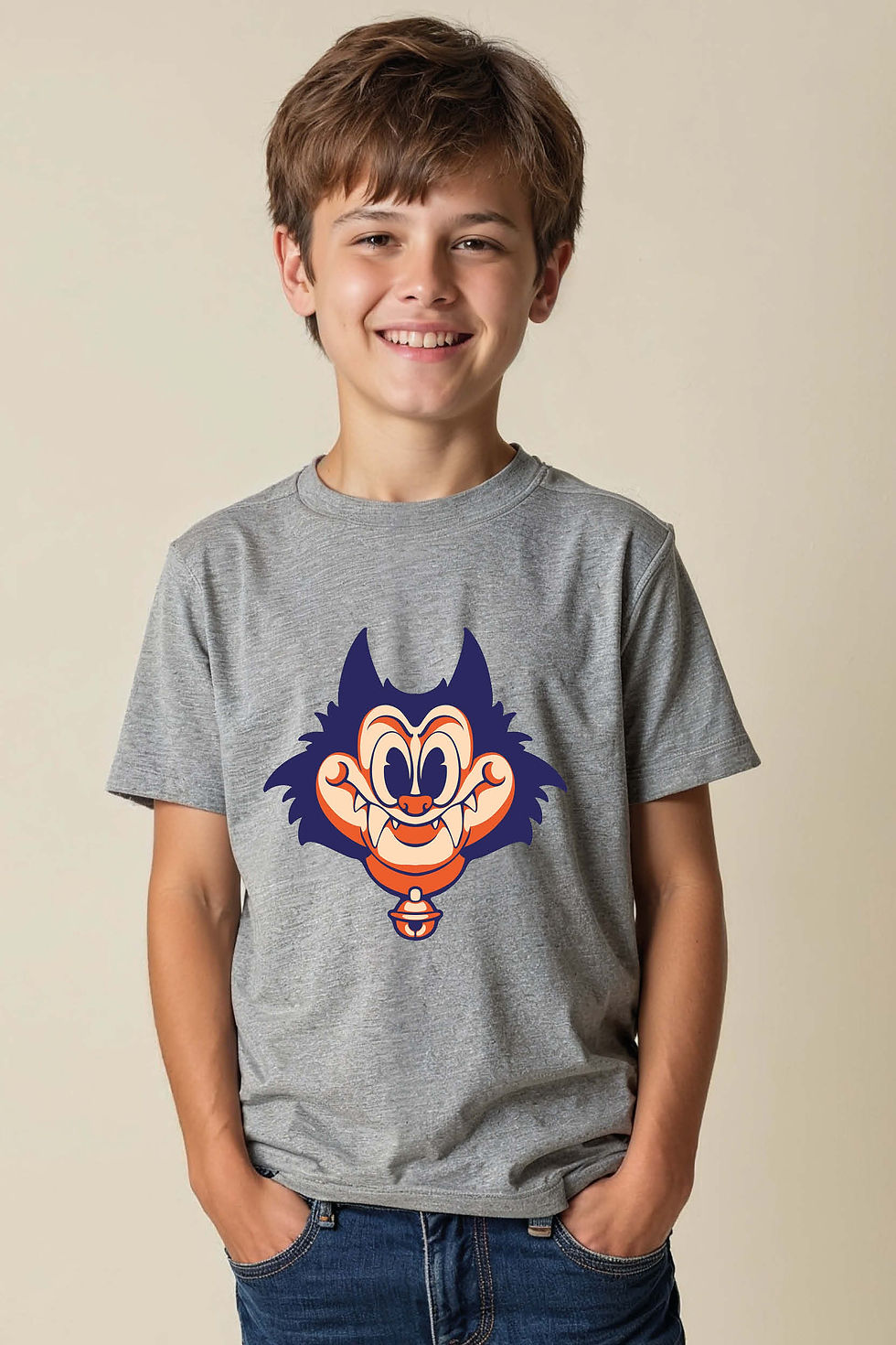 Retro Cartoon Vampire Cat/Feline with Fangs Tee Modern Casual Kids Printed