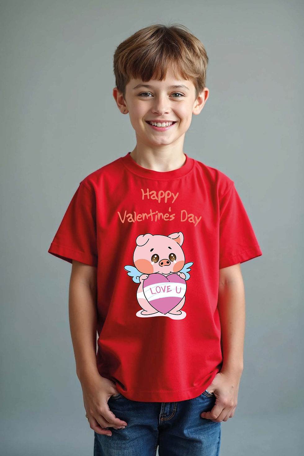 Thumbnail: "Happy Valentine's Day" Cute Cupid Pig Graphic T-Shirt for Kids
