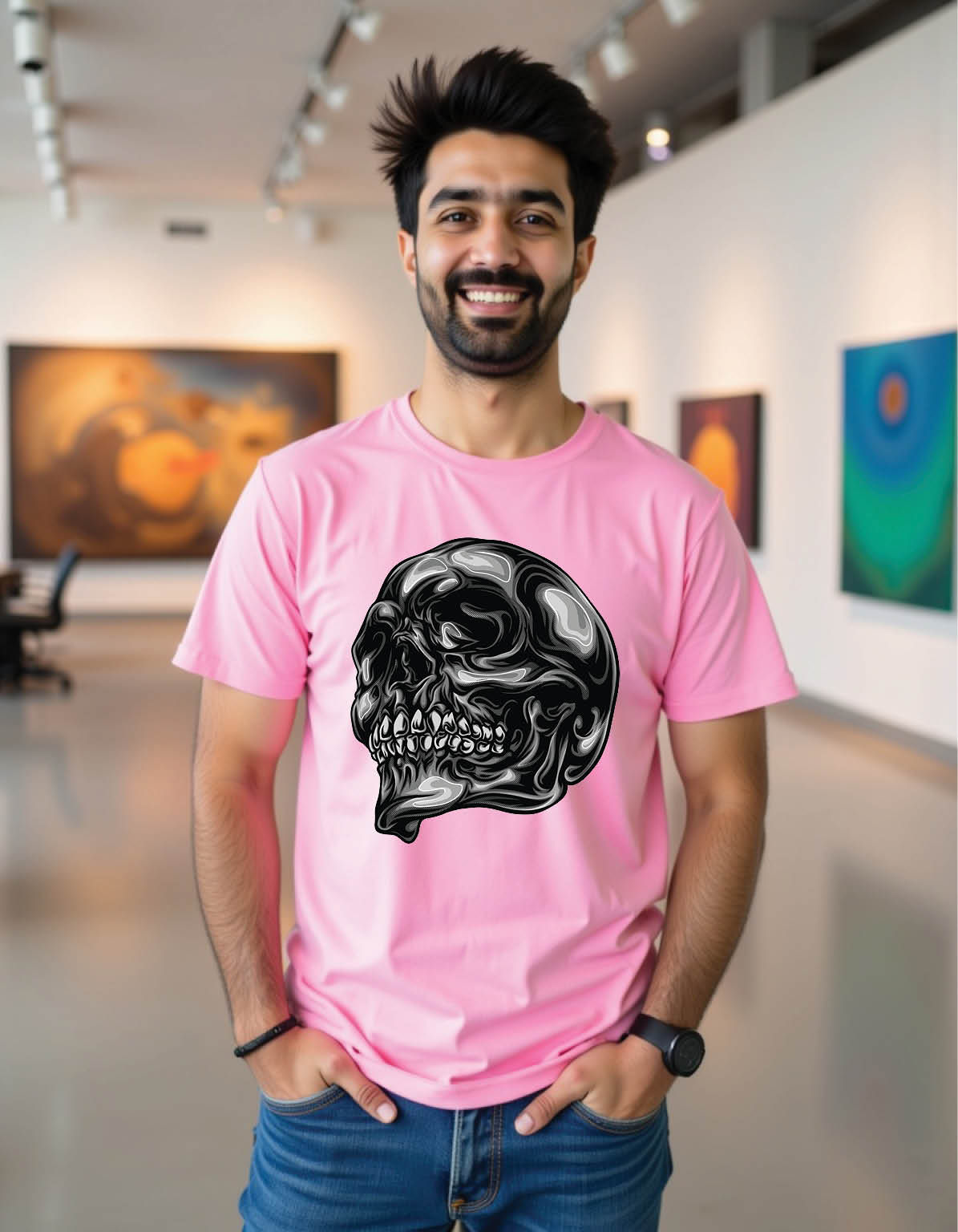 grayscale head skeleton part five mens printed graphic t shirts