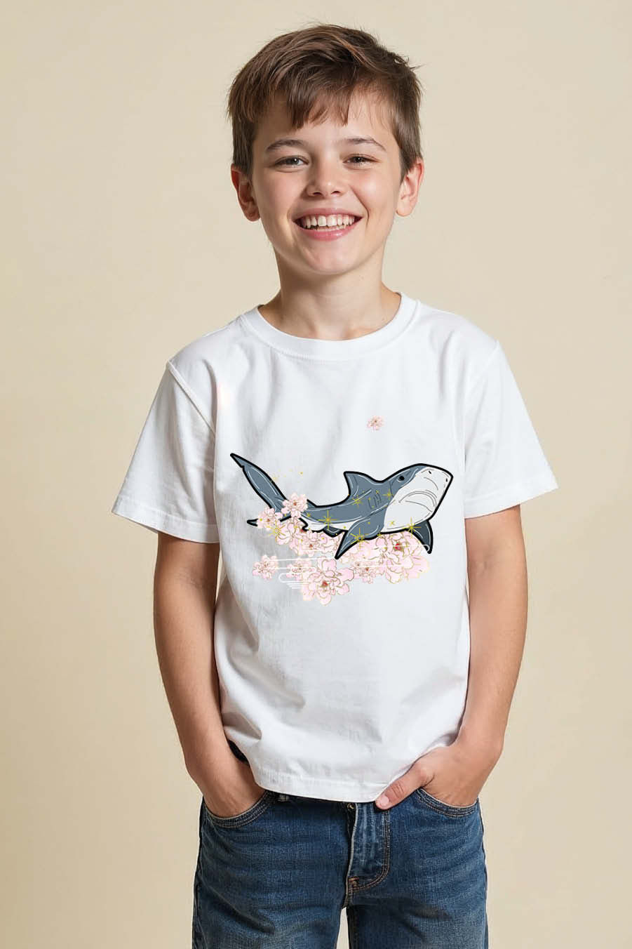 Thumbnail: Shark and Cherry Blossoms Kid's T-Shirt Modern Kids Graphic Tee – Design Print
