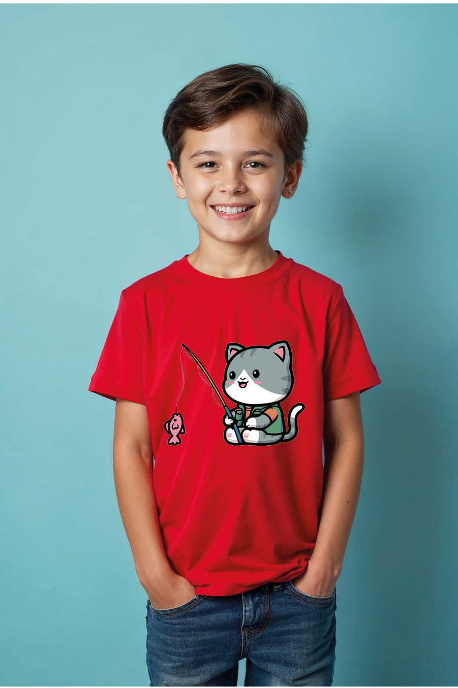 Thumbnail: Chubby Cat Fishing Trip Premium Stylish Kids Graphic T-Shirt – Graphic Print