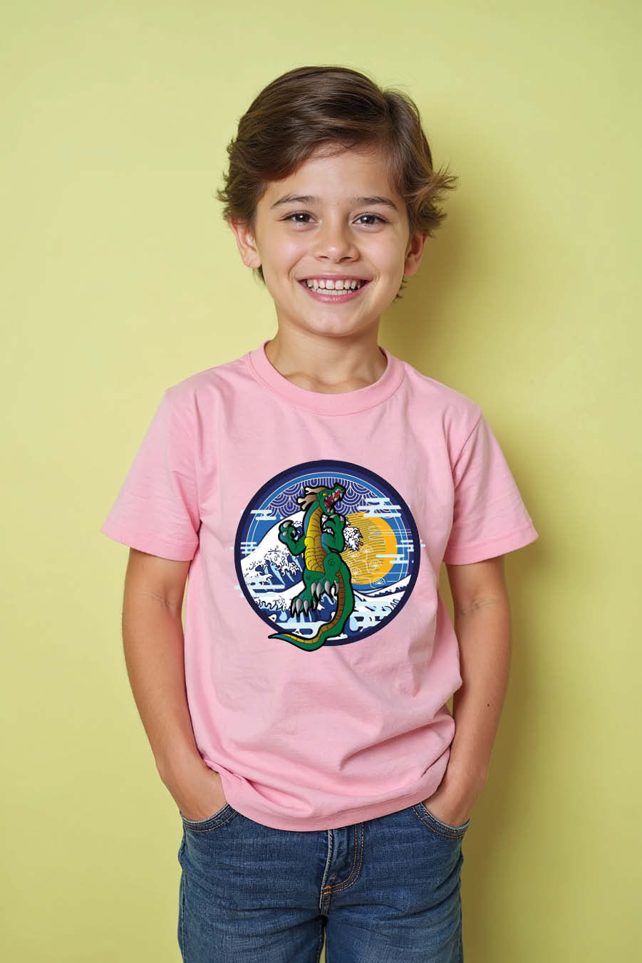 Thumbnail: Dragon and Japanese Wave Art Graphic Colorful Cute Kids Typography T-Shirt