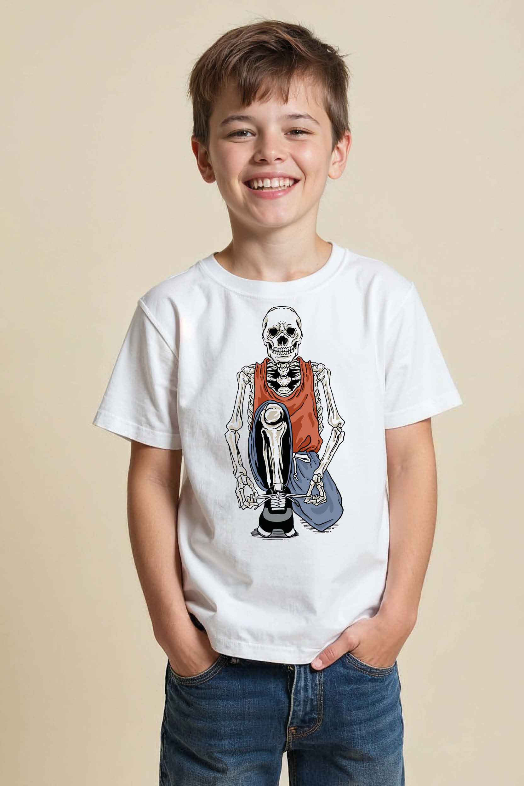 Cool Skeleton Tying Sneaker Graphic T-Shirt Cute Kids Printed T-Shirt – Print
