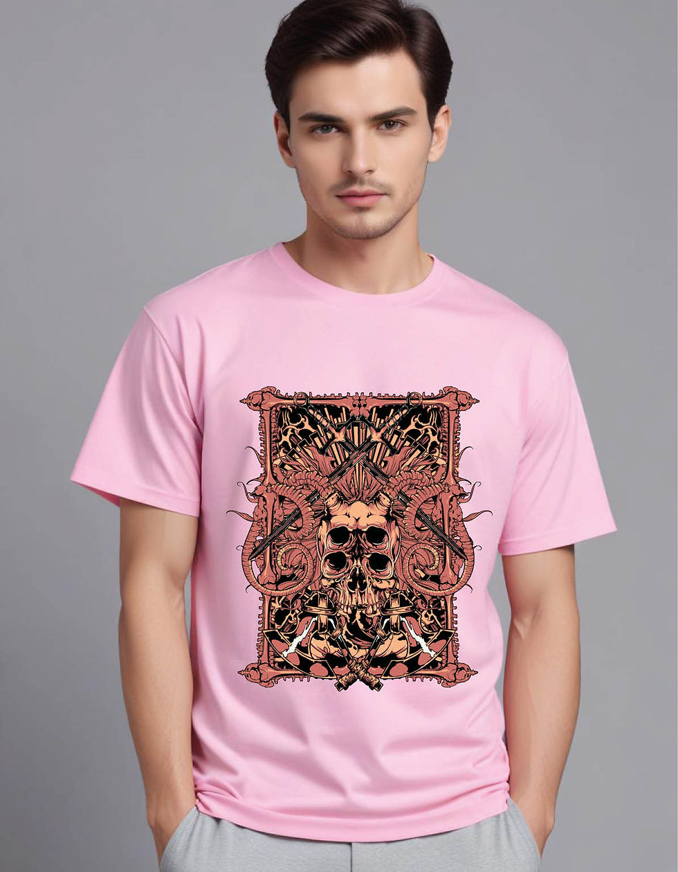 Thumbnail: double eyed horned skull with crossed swords mens printed graphic t shirt
