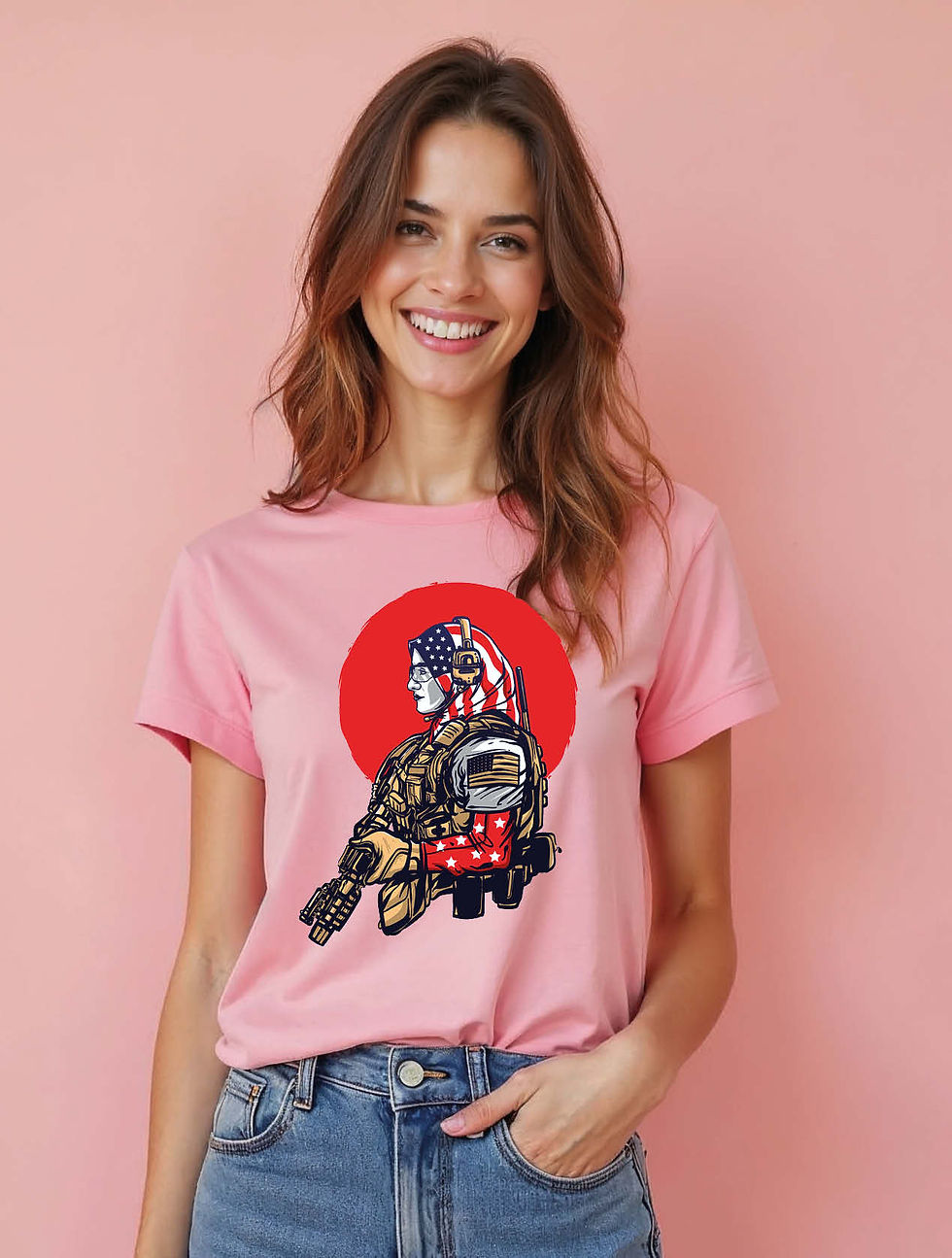 Thumbnail: Cyborg Soldier with American Flag Helmet Trendy Women’s Printed Graphic T-Shirt