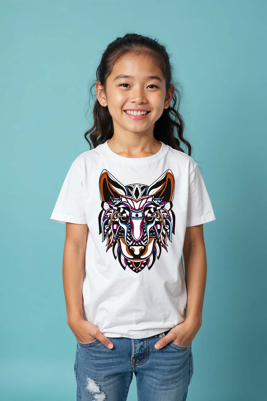 Geometric Psychedelic Wolf Head Kids Colorful Kids Graphic Tee – Design Print