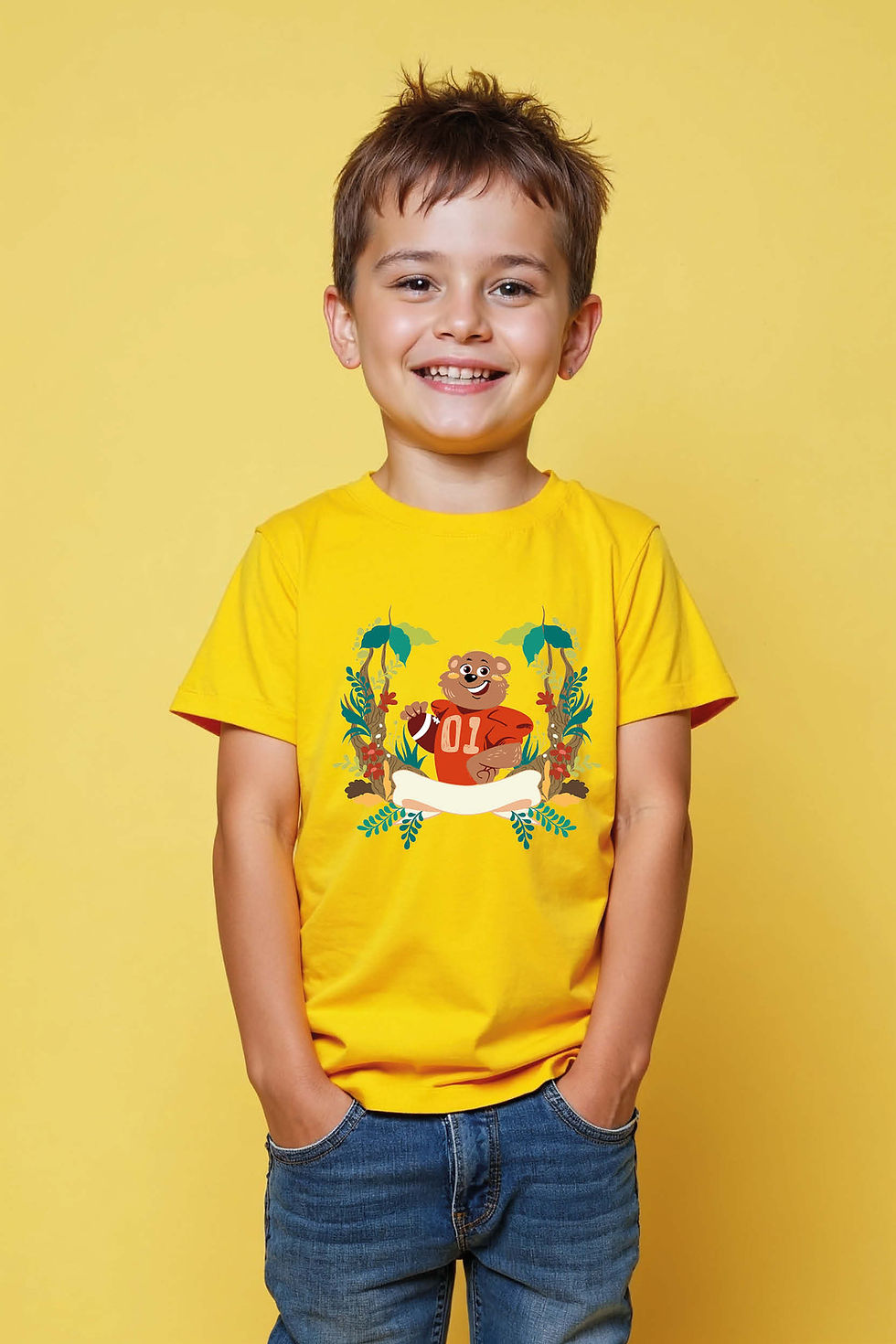 Thumbnail: Cartoon Bear Football Player Mascot T-Shirt Colorful Unisex Kids Graphic Tee