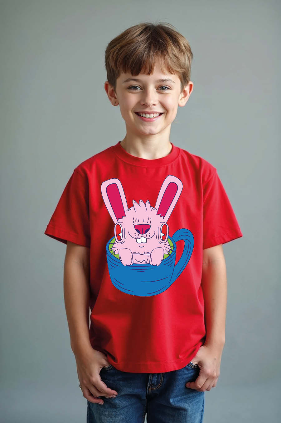 Thumbnail: Kids T-Shirt with Pink Rabbit in a Blue Teacup Graphic t shirt buy now