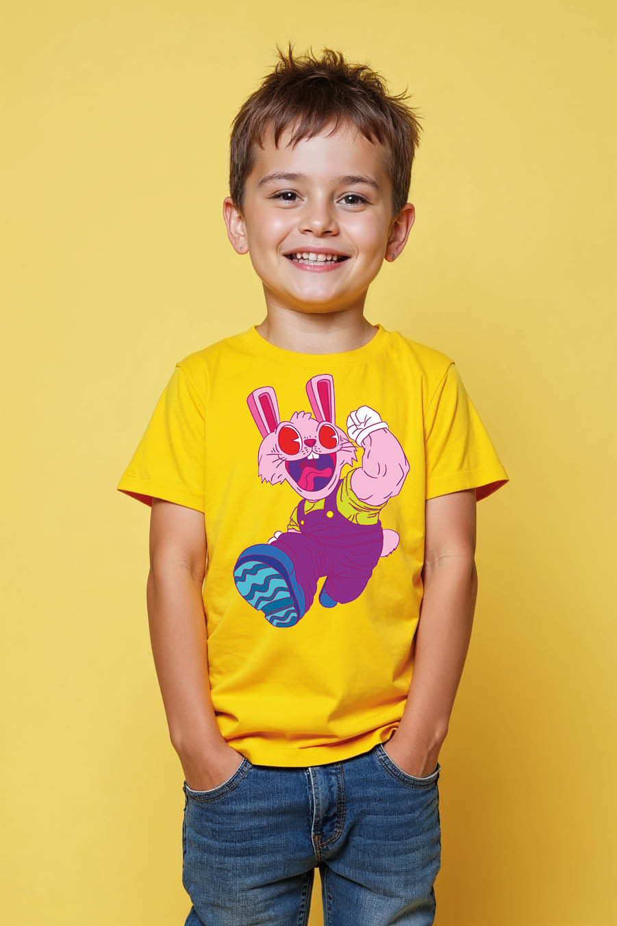 Thumbnail: Neon Power Bunny Overalls T-Shirt Trendy Trendy Printed Tee for Kids – Sports