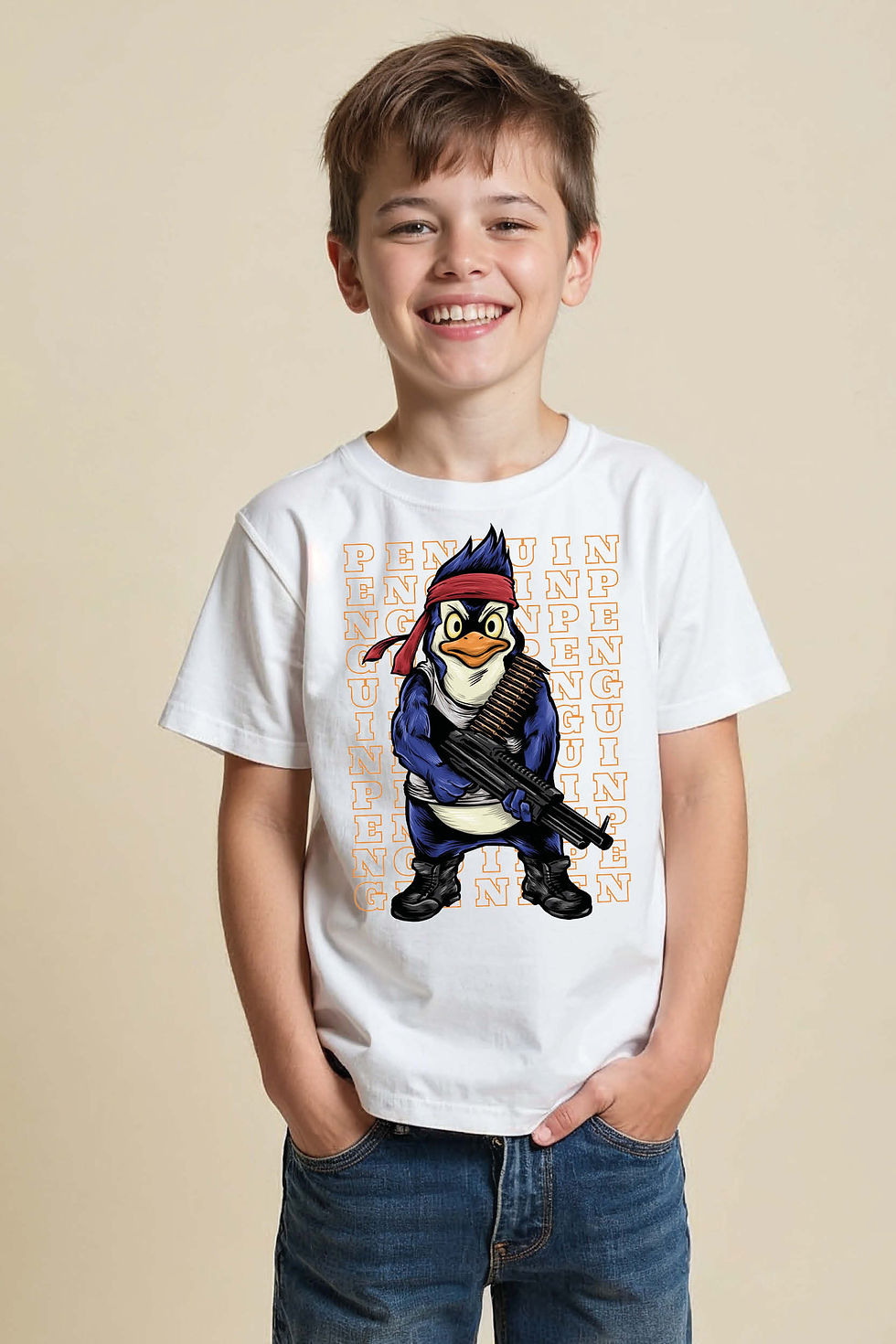 Thumbnail: Military Style Penguin with Machine Gun T-Shirt Design Modern Cool Kids T-Shirt