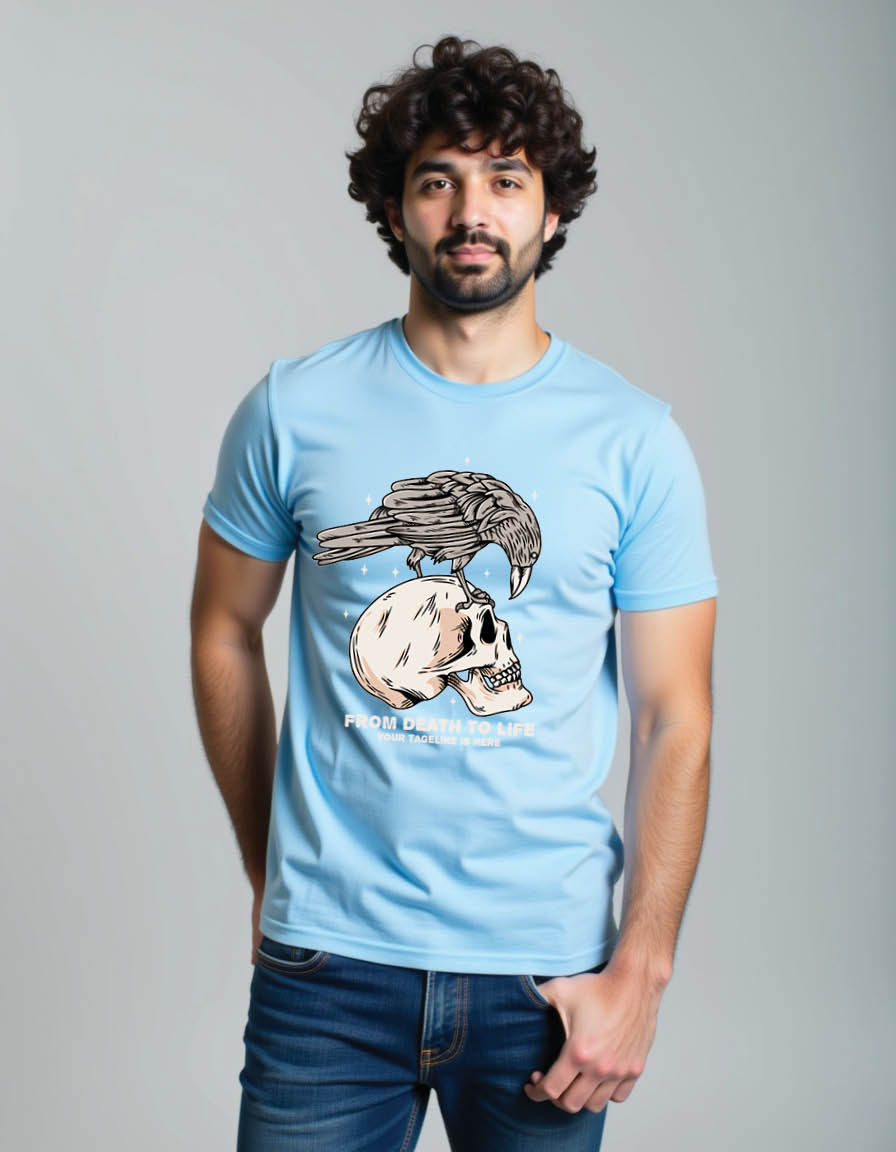 Thumbnail: skull head with raven bird his head mens printed graphi t shirt