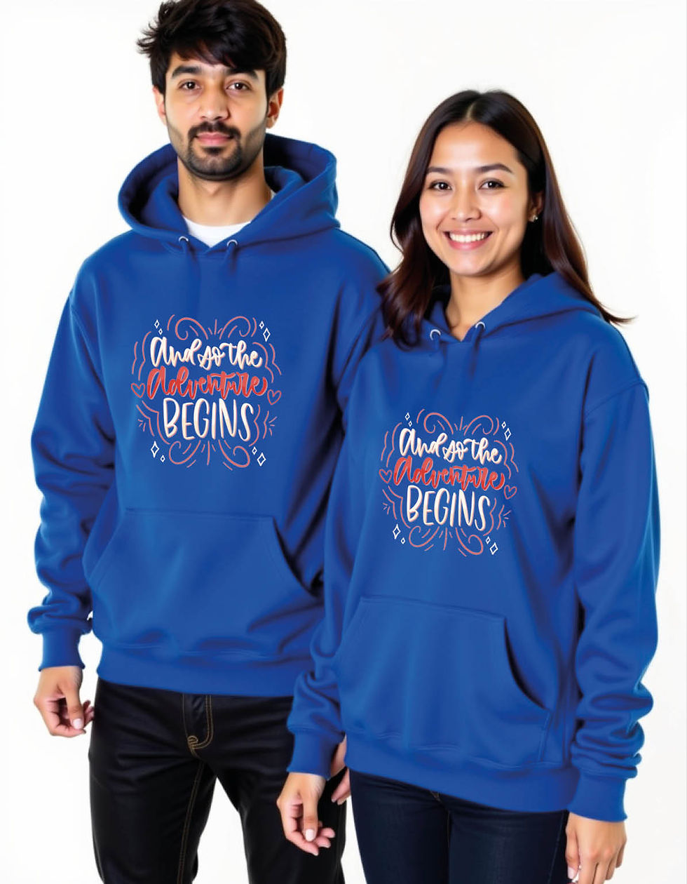 Thumbnail: and so the adventure begins Cool Printed Graphic Couple Hoodies