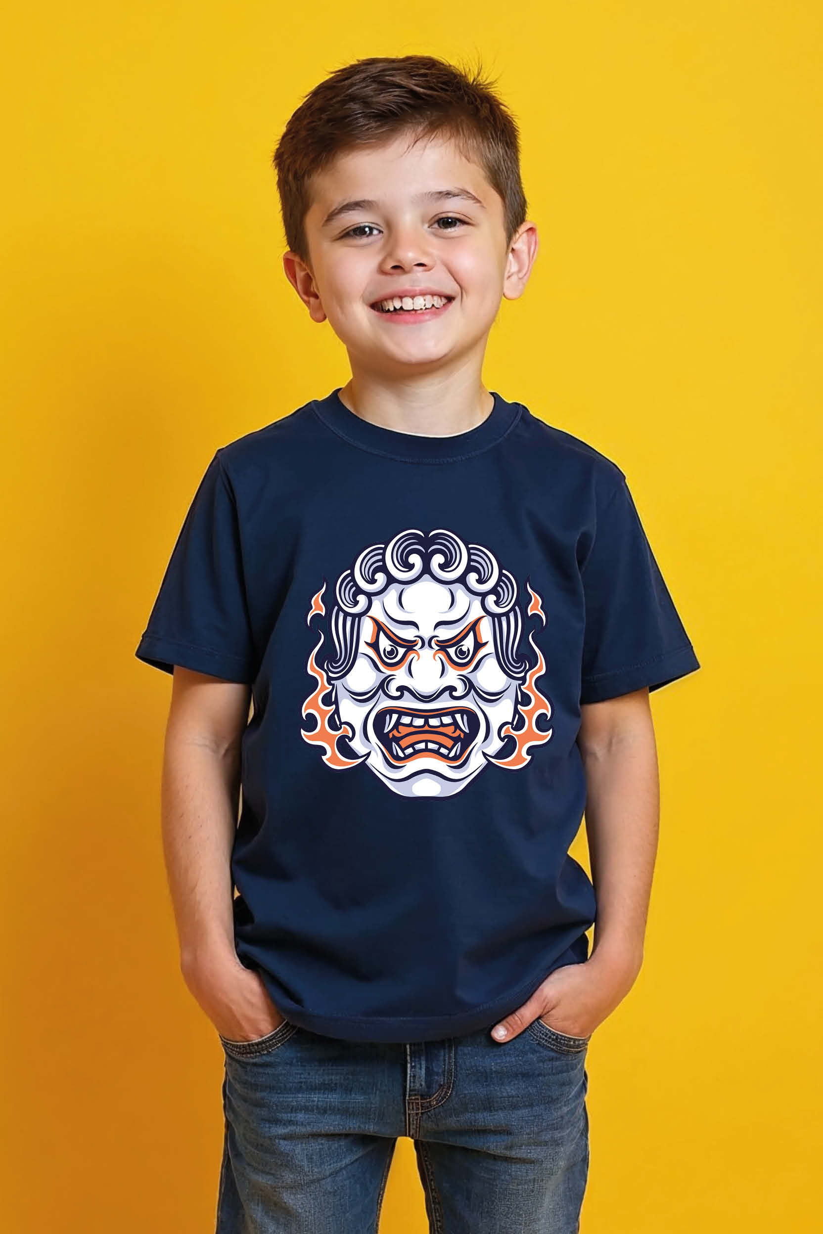 Traditional White and Orange Foo Dog/Shishi Mask Tee Cotton Casual Kids Printed