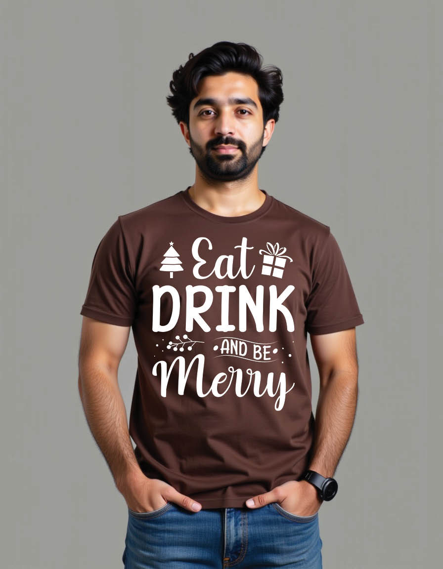 Thumbnail: eat drink be merry christmas quote mens printed graphic t shirt