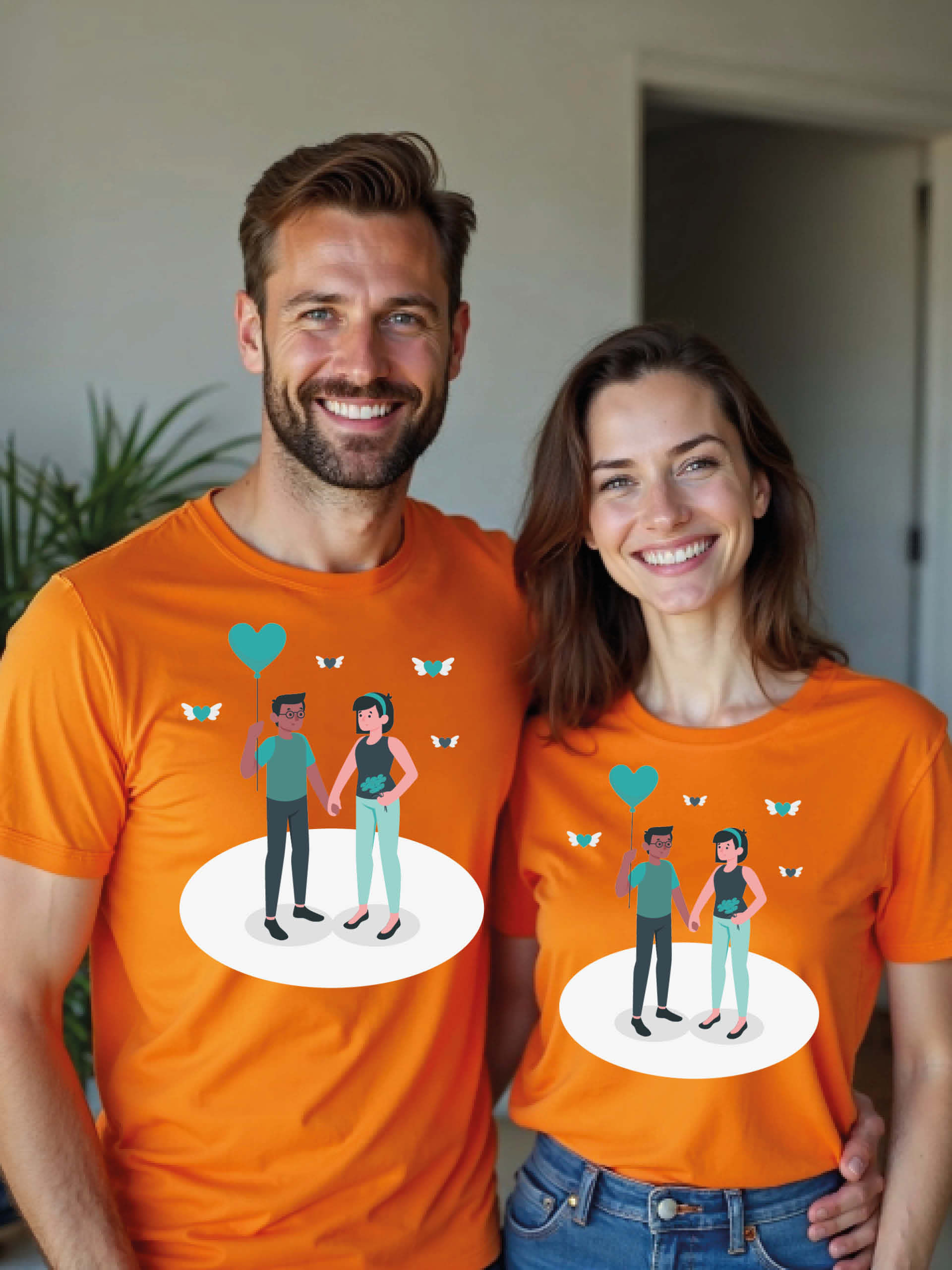 Anniversary Gift Illustration Couple T-Shirts - Romantic Printed Matching Set