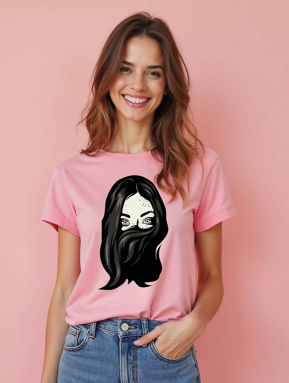 Thumbnail: Girl with Face Hidden by Hair Urban Women’s Typography T-Shirt – Shop Now