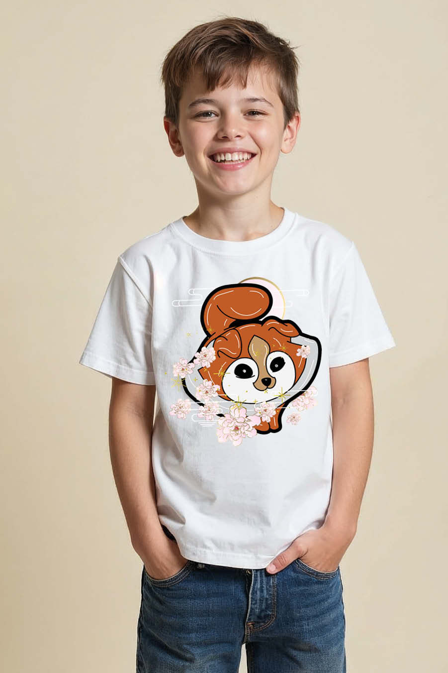 Thumbnail: cute Puppy and Cherry Blossoms Graphic Casual Printed T-Shirt Boys & girls