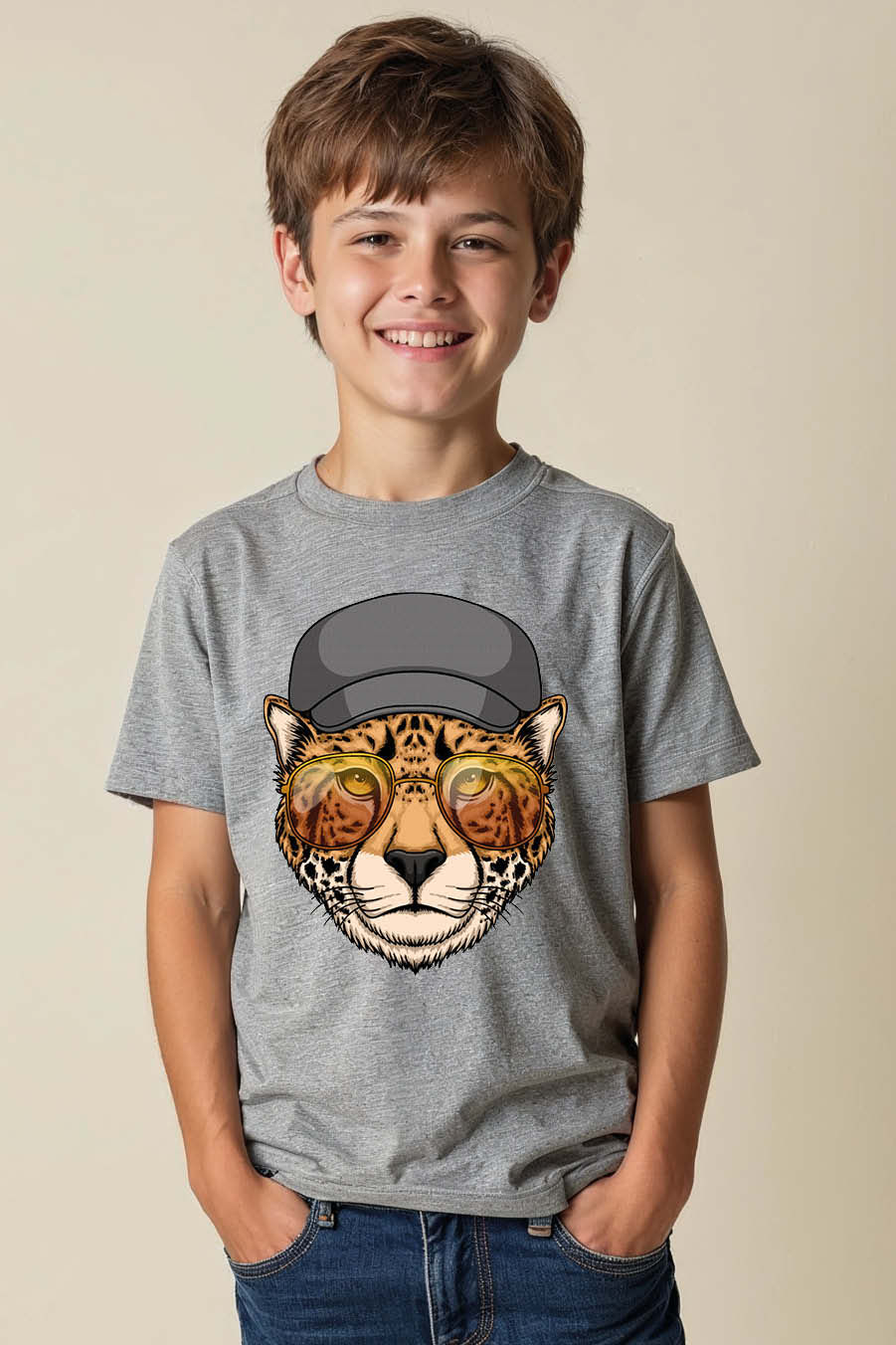 Thumbnail: Cool Cheetah with Cap and Reflective Sunglasses T-Shirt Everyday Kids Printed