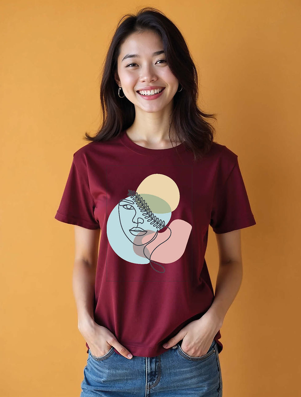 Thumbnail: Minimalist Face Line Art with Abstract Shapes Classic Women’s Printed T-Shirt