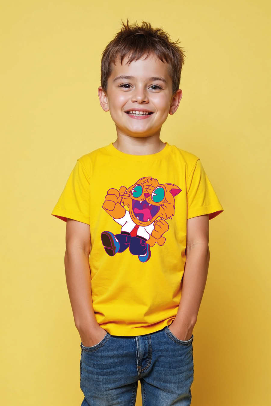 Thumbnail: Excited Cartoon Cat in Suit Youth T-Shirt Fashion Trendy Printed Tee for Kids