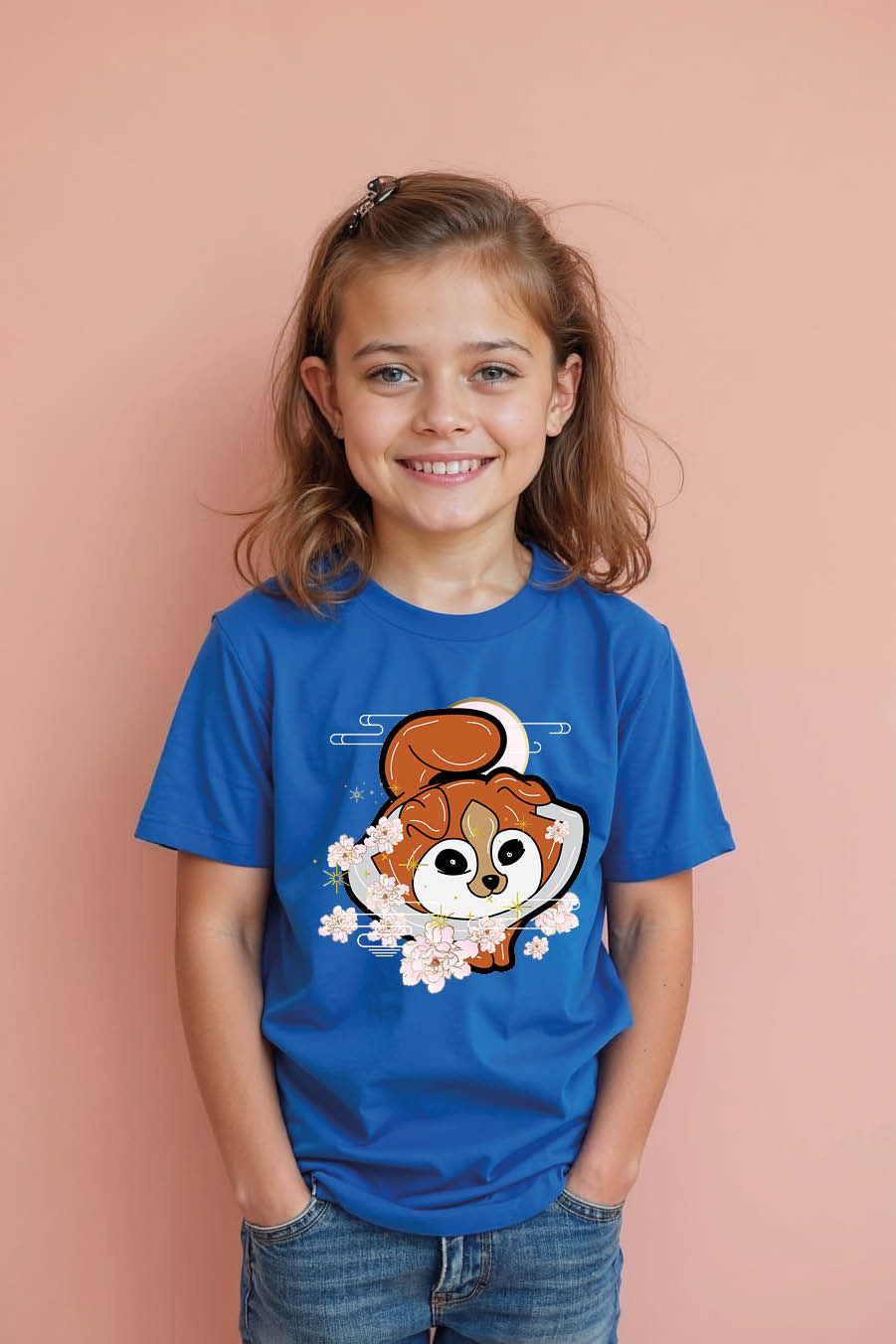 Thumbnail: cute Puppy and Cherry Blossoms Graphic Casual Printed T-Shirt Boys & girls