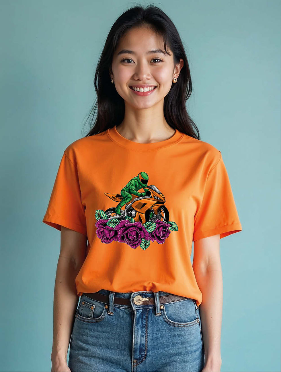 Thumbnail: Sport Bike Rider on Roses Modern Women’s Printed Graphic Streetwear T-Shirt
