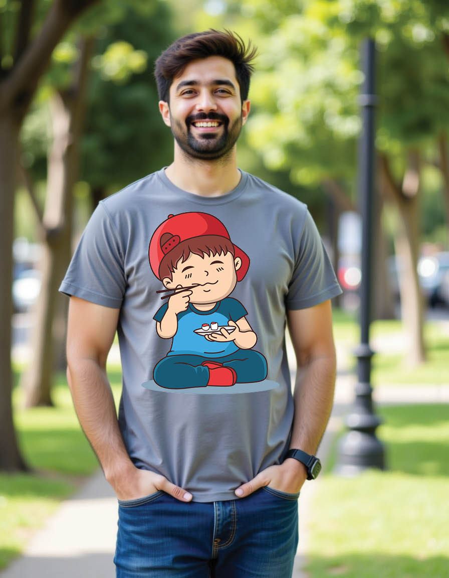 happy children eating sushi mens printed graphic t shirts