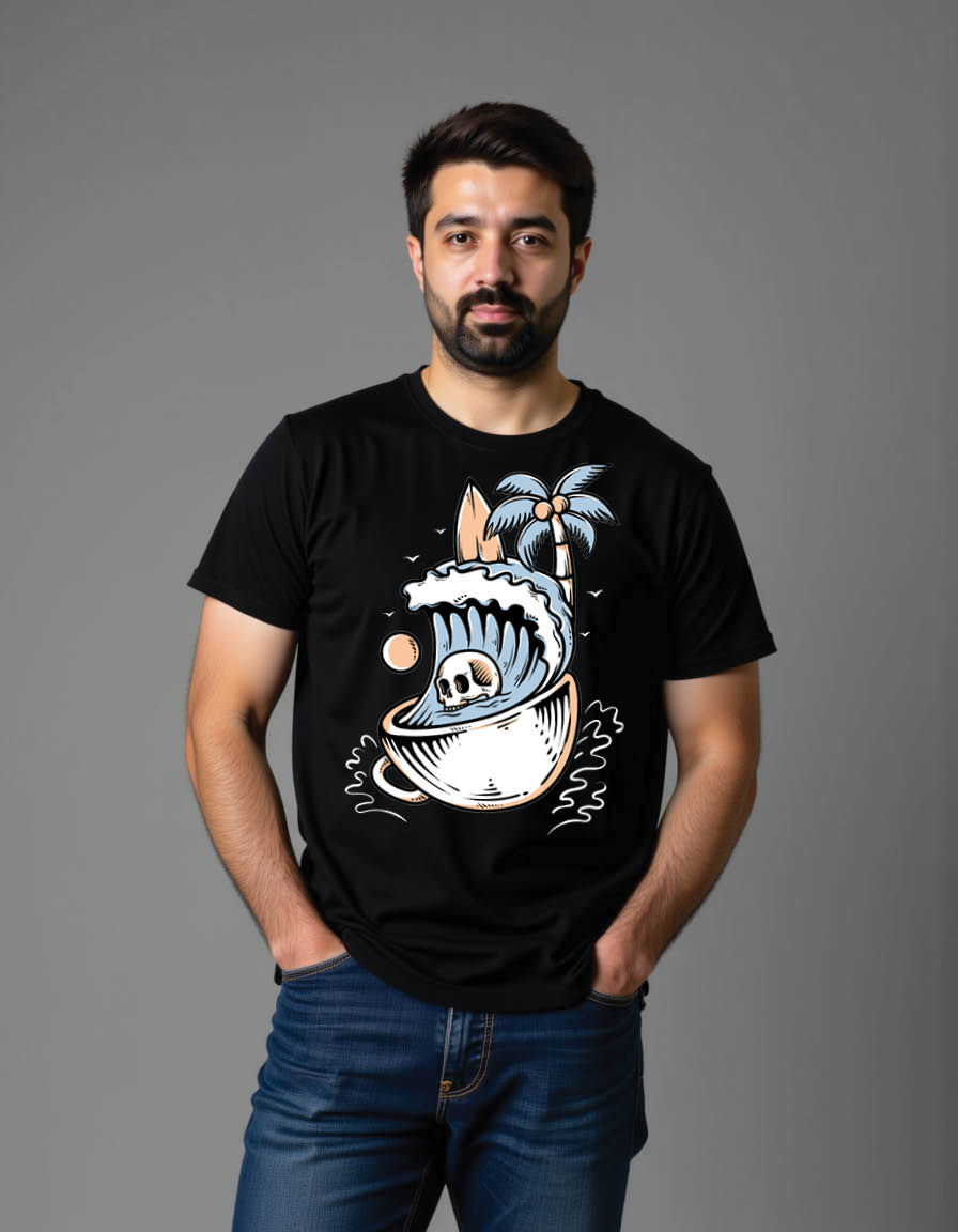 Thumbnail: skull head surfing summer beach with coffee cup mens printed graphic t shirts
