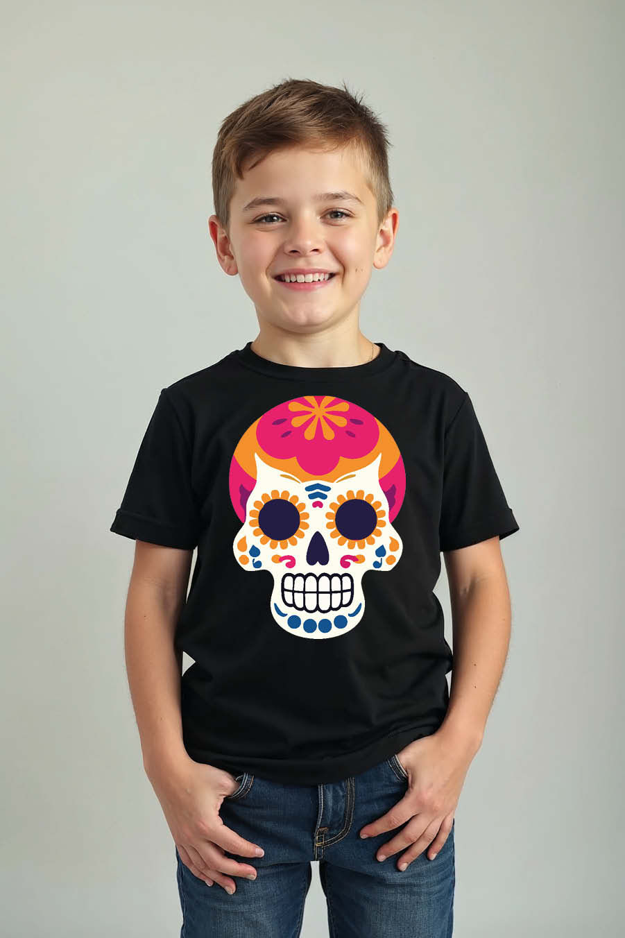 Thumbnail: Vibrant Day of the Dead Sugar Skull Kids T-Shirt Soft Stylish Kids Graphic