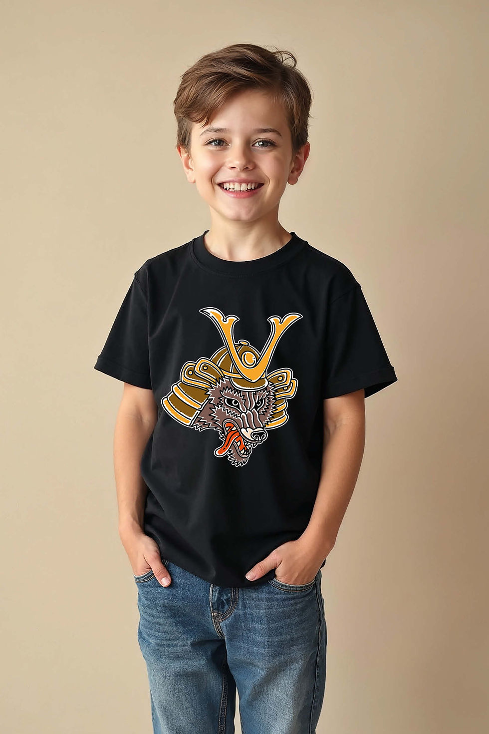 Thumbnail: Samurai Wolf Head Graphic T-Shirt Design Trendy Casual Kids Printed T-Shirt