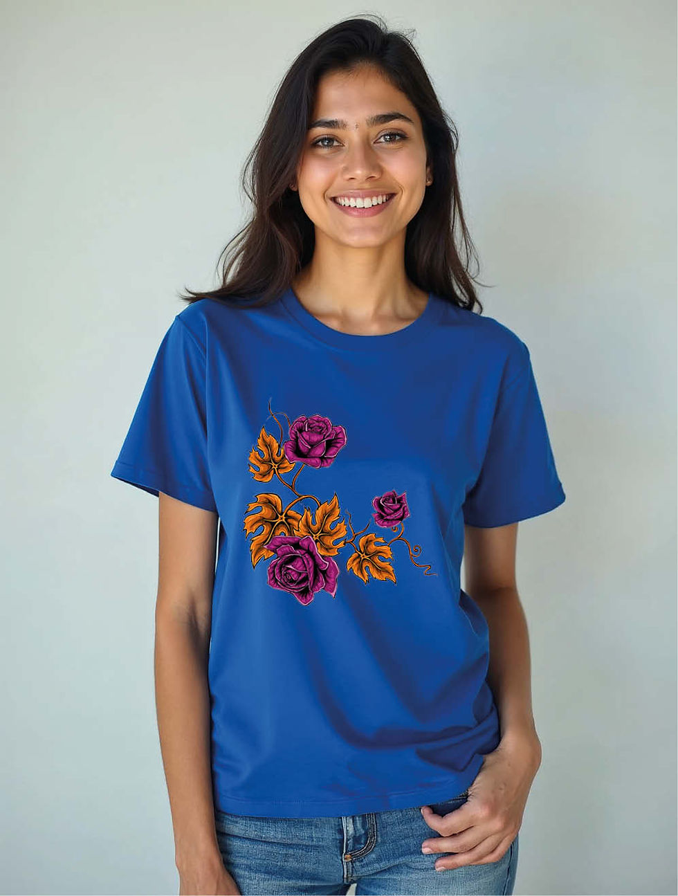Thumbnail: Deep Pink Roses and Orange Leaves Trendy Women’s Printed Graphic Streetwear Tees