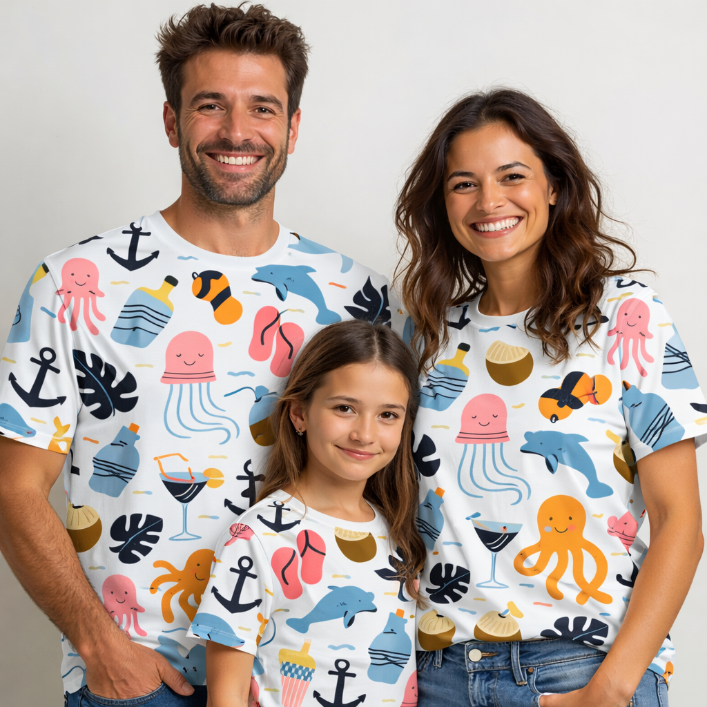 beach family matching printed T-shirts pack of 3