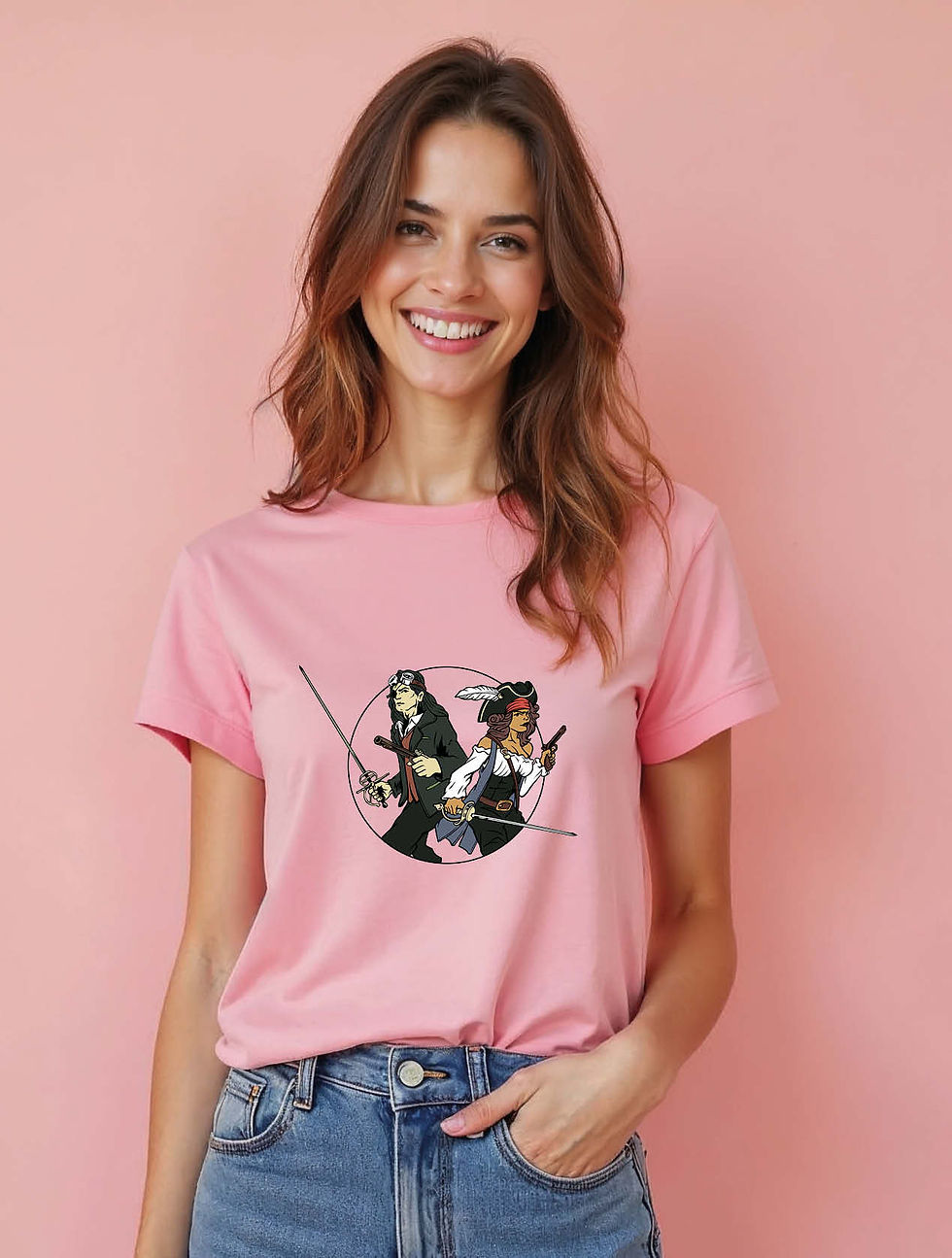 Thumbnail: Female Pirate Duo with Swords Modern Women’s Printed Graphic Streetwear T-Shirt