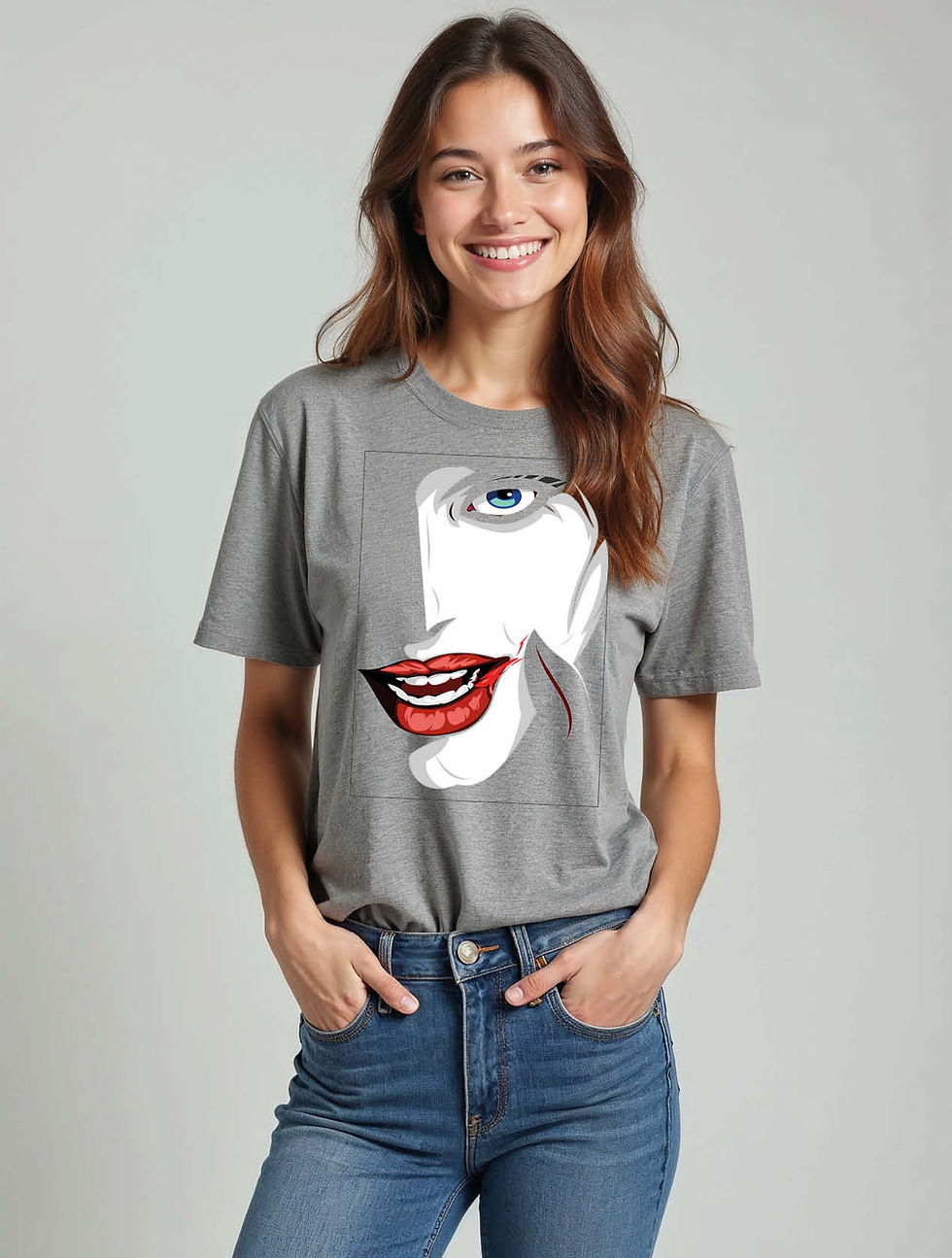 Thumbnail: Stylized Face with Wide Grin  Chic Women’s Streetwear T-Shirt – Sale