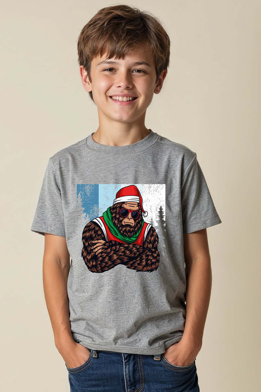 Cool Santa Yeti Kids T-Shirt – Funny Bigfoot Christmas Graphic Tee Winter Holi