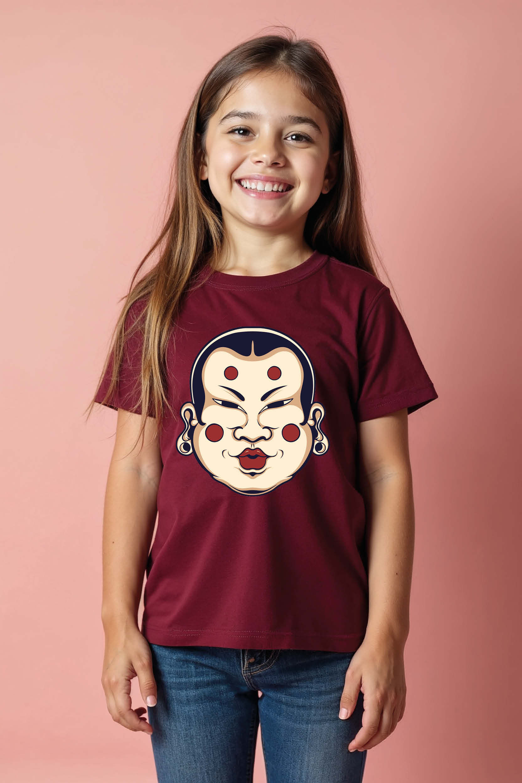 Traditional Japanese Hyottoko Mask Kids Comfortable Typography Print T-Shirt