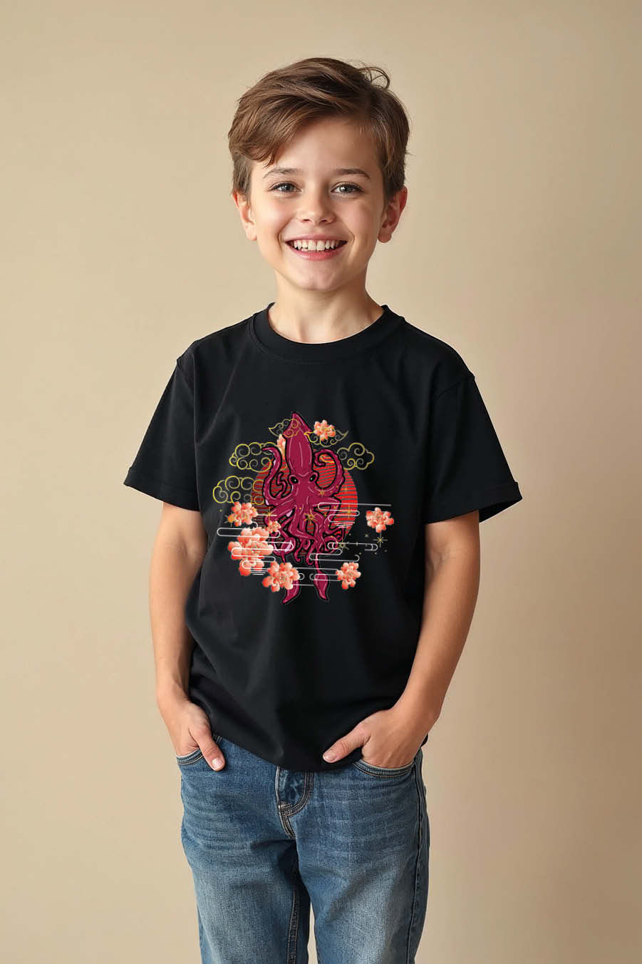 Thumbnail: Japanese Art Octopus and Sakura Kid's T-Shirt Colorful Unisex Kids Graphic Tee