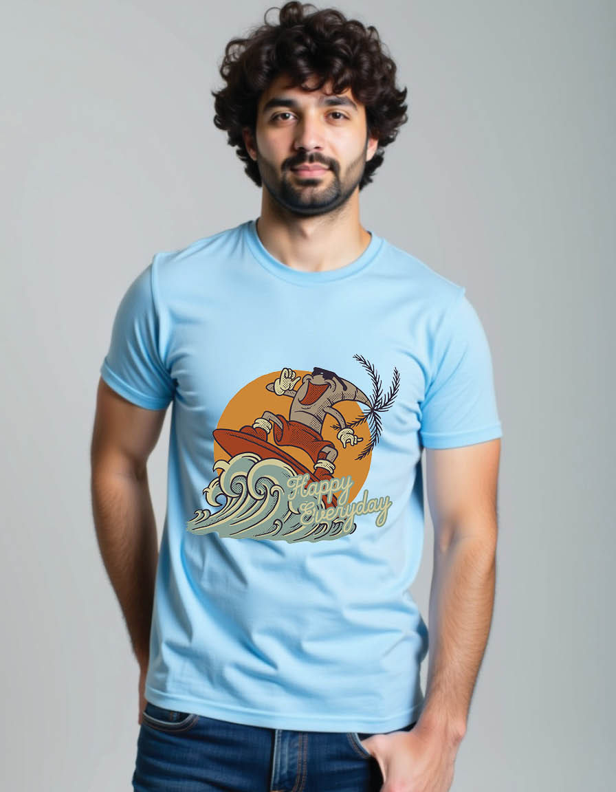 Thumbnail: cartoonemblem of surfing palm tree mens printed graphic t shirts