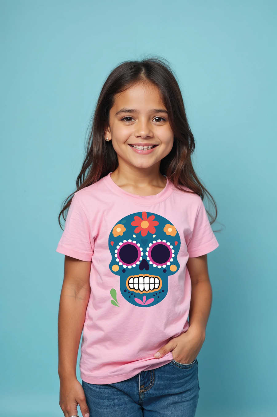 Thumbnail: Kids' Vibrant Blue Sugar Skull T-Shirt Cool Kids Graphic  Drawing Print Des