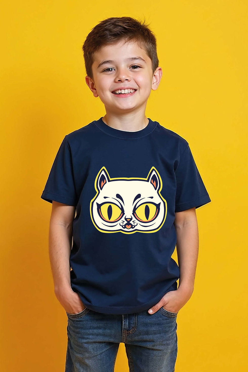 Wide-Eyed Cartoon Cat Head Graphic Tee for Kids Colorful Unisex Kids Graphic Tee