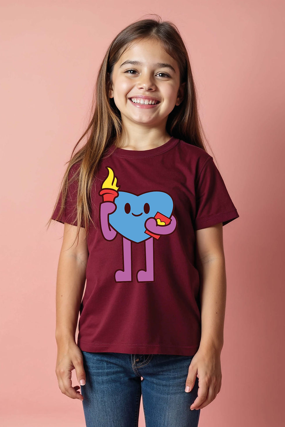 Happy Cartoon Heart Holding a Torch and Book Graphic Tee Cute Cool Cartoon Kids